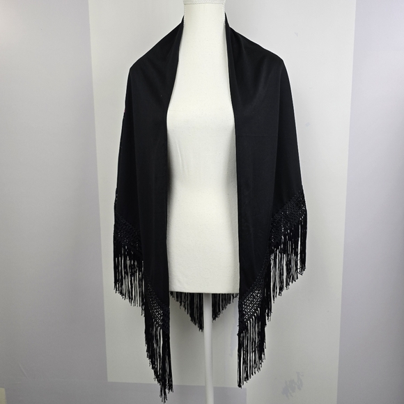 Floral Embroidered Black Shawl with Fringe - Picture 2 of 4